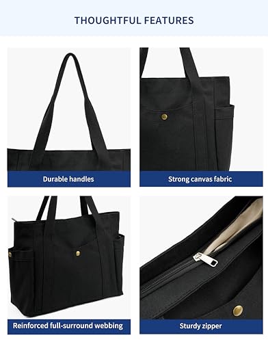 Canvas Tote Bag with Zipper, Multiple Pockets for Daily Essentials, Travel, Work4