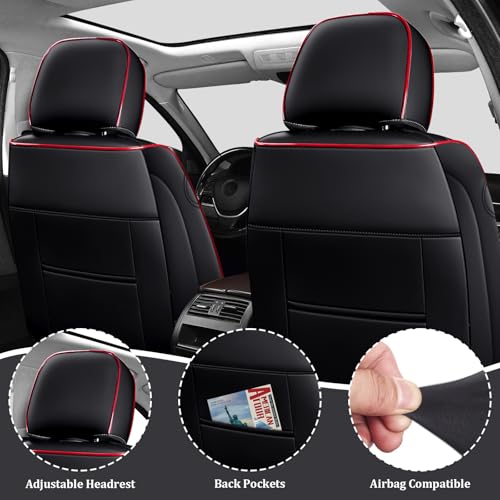 Image of Car Seat Covers Front Seats for Kia Telluride 2020-2026, Anti-Slip Full Coverage Car Seat Covers, Waterproof Nappa Leather Car Seat Cover Sets(2 Seats /Black Red)
