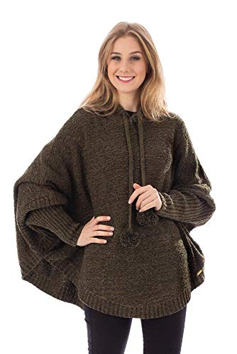 Poncho de tricô com pompom e capuz Sumaré 31176 - Verde