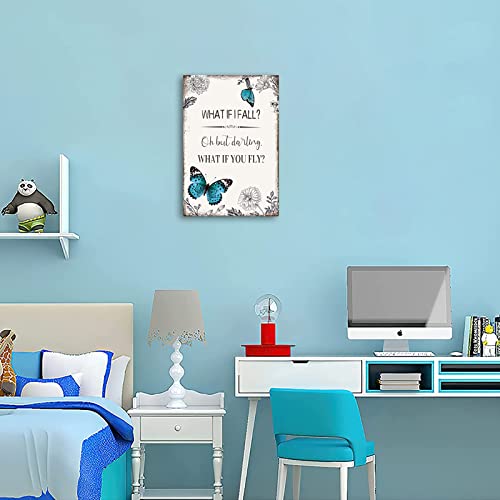 Inspirational Quote Canvas Wall Art : Motivational Posters Blue Butterfly Flower Picture Framed, What If I Fall Positive Affirmations Bedroom Decor Gift For Women Girl 10" X 15" #TOP4