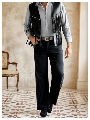 OYOANGLE Men's PU Leather Open Front Fringe Vest Boho Cowboy Western Sleeveless Jacket Waistcoat3