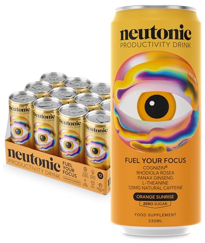 Neutonic Nootropic Productivity Energy Drink | Orange Sunrise 12 Cans | 120mg Natural Caffeine, Zero Sugar | Support Energy, Mental Performance, Cognitive Function | Support Focus, Brain Health