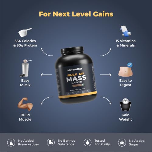 Image of Nutrabay Gold Bulk Up Mass Gainer Powder - 3kg, Chocolate | 30g Protein, 104g Carbs, 554 Calories | Easy to Digest | 100% Veg Muscle Building & Weight Gainer Supplement for Men & Women
