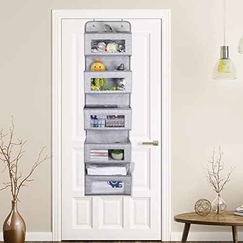 Newthinking Over Door Storage Organiser, Over Door Storage 5 Pockets Soft Fabric Hanging Storage Organizer with Clear Window for Pantry Baby Nursery Bathroom