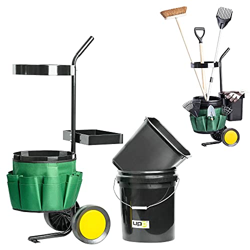 UPP Garten- & Werkzeugtrolley | Transportwagen mit 2 Eimern, Gerätehalter und Tasche mit 12 Fächern | Gartenhelfer transportiert Gartengeräte und Gartenabfälle