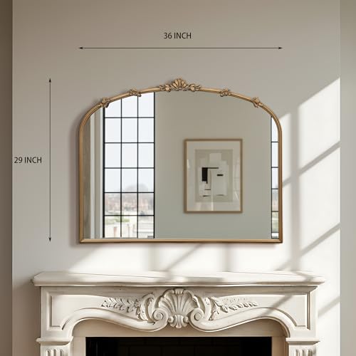 Image of Besdomus Vintage Gold Arched Mirror: 36 inchx29 inch Antique Vanity Mirror | French Baroque Decorative for Wall /Mantel /Bedroom /Entryway /Bathroom /Hallway - Home Decor for Fashion- Conscious