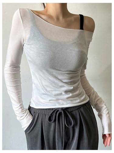 Women's Mesh Sheer Tops Off The Shoulder Long Sleeve See Through Shirts Going Out Party Club Outfits3