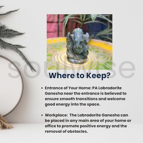 Image of SOULWISE Natural Labradorite Lord Ganesha Idol 7 cm Crystal Ganesh Murti for Home Temple Vastu Feng Shui Spiritual Decor Meditation Altar Ganpati Statue Gift