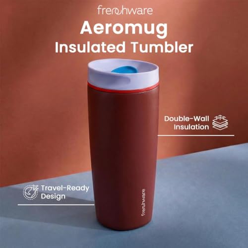 Image of Frenchware AeroMug Insulated Stainless Steel Coffee Tumbler, 600 ml | Smooth Sip Slider, Reusable, Hot & Cold Coffee Travel Mug, Dark Merlot