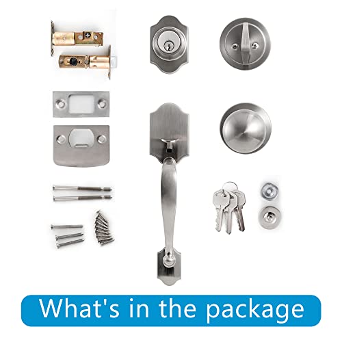 Neutype Front Door Lock Set Silver Front Door Handle Sets With Deadbolt Lock Set Door Entry Door Locksets Single Cylinder Handleset Curved Handle Lower Half Grip Round Knob Satin Nickel #TOP5