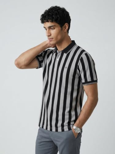 Image of Raymond Men Modern Fit Stripe Pattern Pure Cotton Polo Neck Half Sleeve Casual T-Shirt