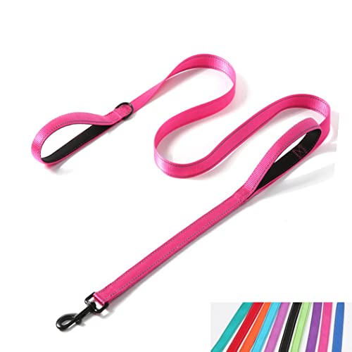 Reflective Nylon Dog Leash Heavy Duty, Two Handles with Padded for Extra Control Outside Durable Training Lead for Small Medium Large Breed Pet Dogs, 6ft Long 1-inch Width, Pink