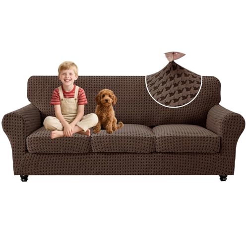MAXIJIN 4 Pieces Stretch Couch Covers for 3 Cushion Sofa Pet Friendly Couch Cover for Dogs Washable Sofa Slipcovers Thick Soft Furniture Protector with Non Slip Strap (Brown, 71"-91")