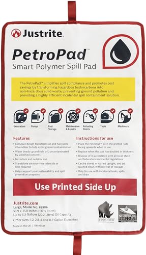 Image of Justrite PetroPad 5.3 Gallon Capacity Oil Absorbent Pads, 53 inch x 35 inch, Eco-Friendly Washable and Reusable Absorbent Oil Mat for Indoor and Outdoor Use, Large, 83986
