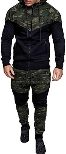 Men's Tracksuit Set Camouflage Sweatshirt Jogger Sweatpants Solid Patchwork Warm Sports Suit (Green, L)