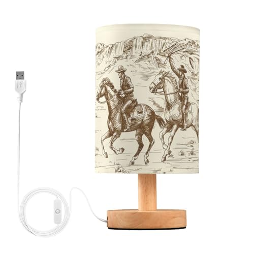 BOENLE Bedside Lamp Western Desert Cowboy Table Lamp for Bedroom LED Nightstand Lamp Shade USB Ports Wood Base for Living Room Dorm Office by BOENLE - Used condition - US$23.82