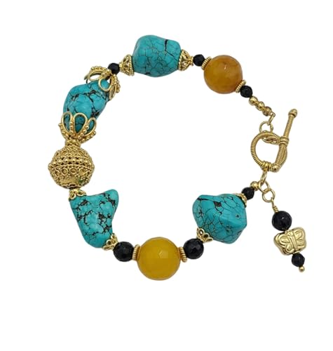 Handmade Turquoise & Honey Jade Bracelet with Gold Vermeil Accents.