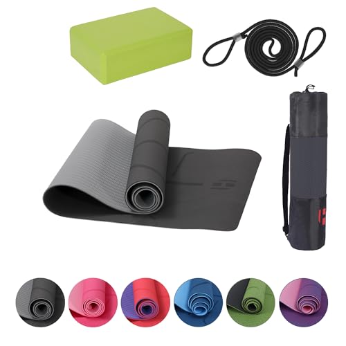 Habib Group - Juego de esterilla de yoga con bloques de yoga, antideslizante, acolchada, incluye correa de yoga y bolsa, 1 juego de bloques de yoga para pilates, meditación, regeneración, color negro
