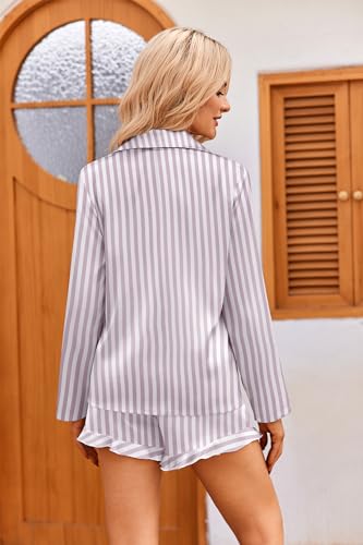 Image of Ekouaer Womens Satin Pajama Sets Cute Button Down Silk Pjs with Ruffle