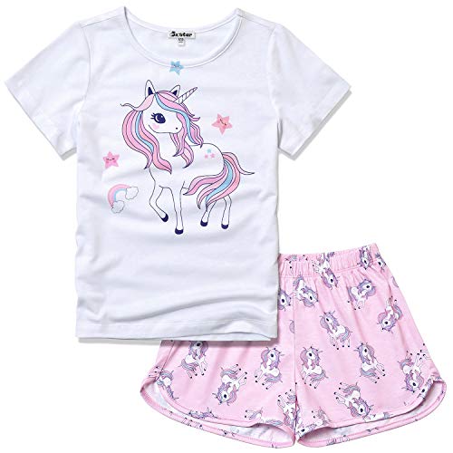 Girls Pjs Sets Unicorn Face Pajamas Short Sleeve Summer Cotton Night Suits White