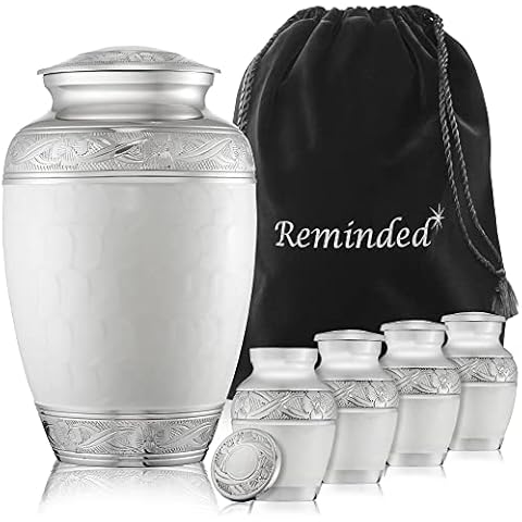 Reminded Set of 5 Decorative Cremation Urns for Human Ashes - 1 Adult + 4 Keepsake Token Size, White Cover