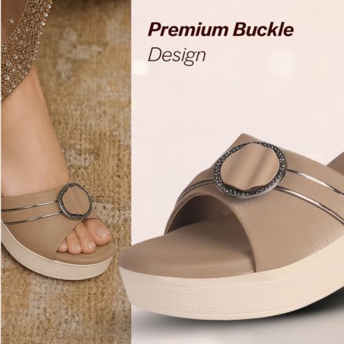 Image of FAUSTO Women Buckle Design Wedge Heel Sandals | Comfortable Slip-On Platform Slides For All Day Wear, Casual and Party | Soft Cushioned Insole