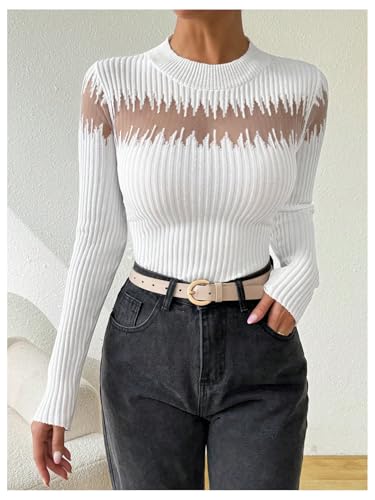 Image of MakeMeChic Women's Crew Neck Fitted Sweater Sheer Mesh Long Sleeve Knit Top