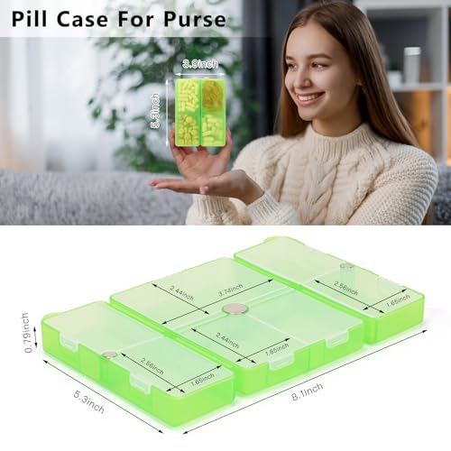 Image of FYY Travel Pill Organizer, 7 Compartments Large Pill Box Case-Clear Green