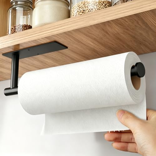 Image of Paper Towel Holder, Under Cabinet Paper Towel Roll Holder Self Adhesive or Drilling, Wall Mounted Matte Black Paper Towel Rack for Kitchen, Bathroom, SUS304 Stainless Steel