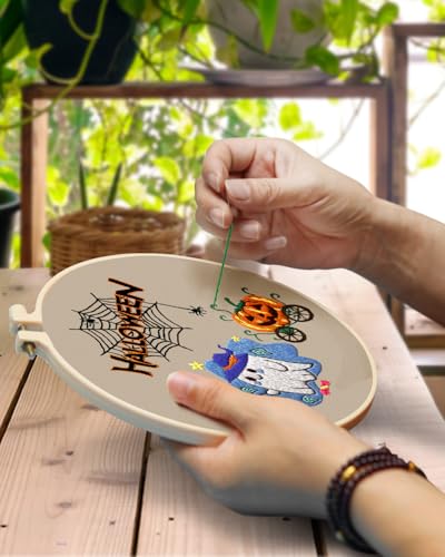 Image of TINDTOP Halloween Embroidery Kit for Adult, Embroidery DIY Starter Kit | 4 Pack with Stamped Patterns, Hoop, Tools, Colorful Threads with Needles, Instructions