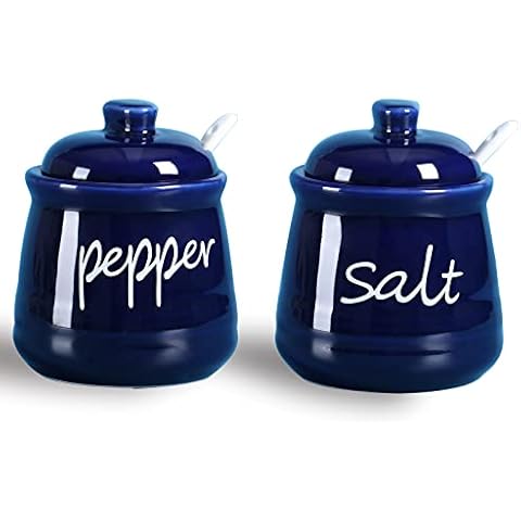 ONTUBE Ceramic Salt and Pepper Bowls with Lid and Spoon 12oz (Navy) Cover