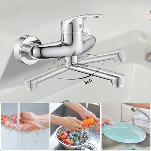 Ruspela Küchenarmatur für Wandmontage - Traditioneller Wasserhahn mit 360° schwenkbarem Auslauf 6.3’’ Einhebelmischer für Kalt- und Heißwasser, Hochwertige Mischbatterie für Küchenspüle