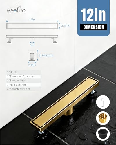 Image of 12 Inch Brushed Gold Linear Shower Drain | CUPC Certified 2-in-1 Tile Insert for Curbless Showers. 304 Steel, 15.8GPM Flow. Includes Hair Catcher & Adjustable Feet.