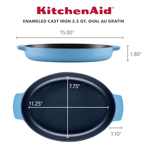 Image of KitchenAid Enameled Cast Iron Au Gratin Oval Roasting Pan, 2.5 Quart - Blue Velvet
