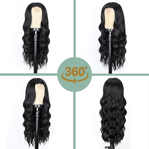 WERD Long Black Wavy Wigs for Women Black Curly Wig with Middle Part Synthetic 26 Inch Natural Looking Black Wig for Daily Party Use - Image 5