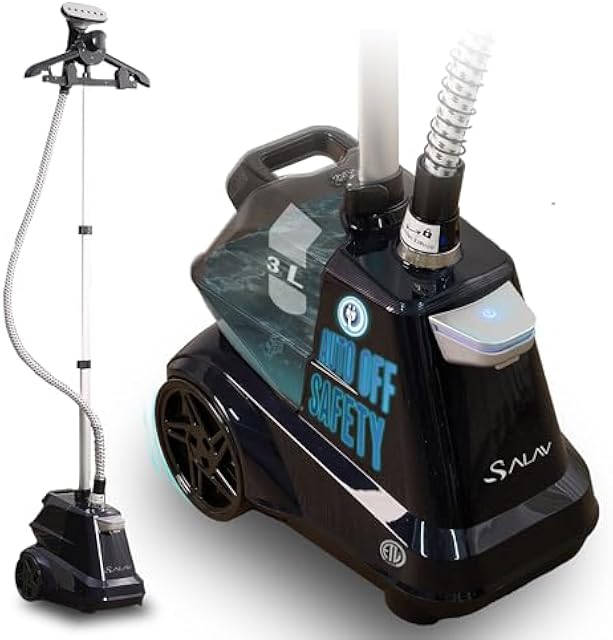 SALAV Commercial-Grade Standing Garment Steamer for Clothes with Auto-Off Safety 1800W Powerful Steam X-Large 3L Water Tank, 90-Min Continuous Use, Pedal-Control System, Beeps when Out of Water, Navy