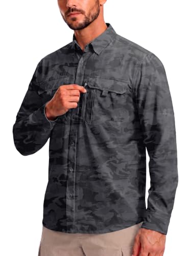 BETBO Men's Long Sleeves Fishing Shirts Button Down Summer Travel Work Shirts with Zipper Pockets(Grey Camo X-Large)