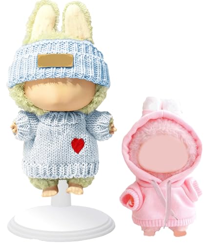YK-St6W12Q2 Multi-size poppenkledingkast, 2 volledige outfits voor minipoppen van 10 cm en 17 cm met verstelbare displaystandaard (blauw en roze)