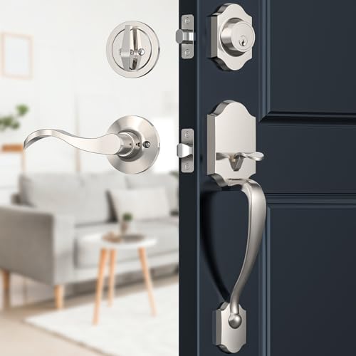 Brightify Front Door Handle, Front Door Lock Set, Front Door Handleset with Door Lever, Single Cylinder Reversible Door Lock Set with Handle Lever, Adjustable Deadbolt Door Entry Handles, Satin Nickel