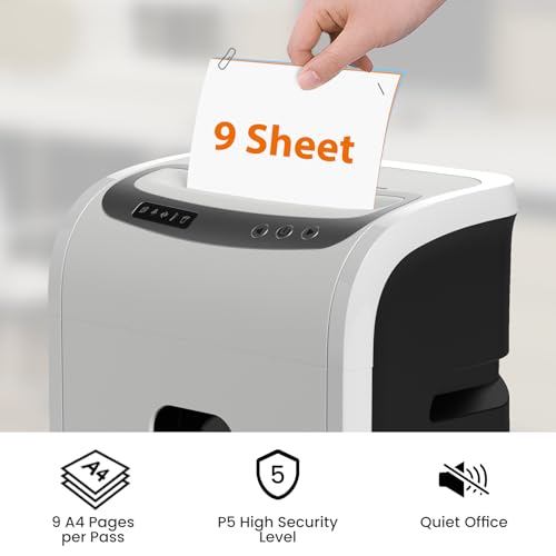 VidaTeco Partikelschnitt Aktenvernichter- Sicherheitsstufe P5 Für Sensible Dokumente, 9 Blatt (80 g/m²), TÜV+GS Zertifiziert, 2x14 mm Schnipsel DSGVO, 20L Behälter Schredder Leiser Betrieb für Büro