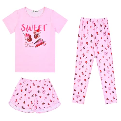 Image of Mirawise Girls 3 Pc Pajamas Sleepwear Cotton Pjs Clothes Set 4-13 Years