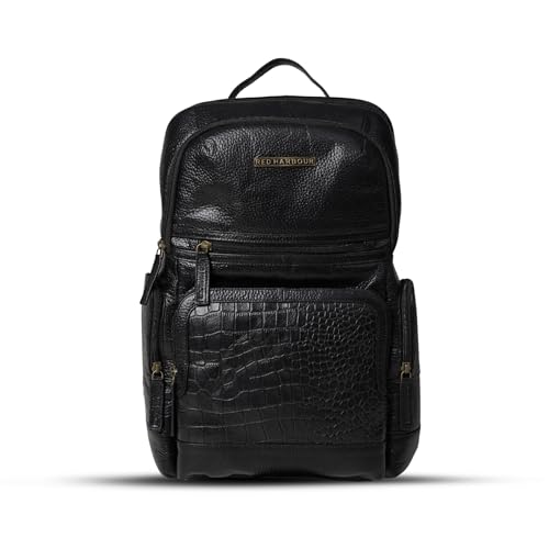 Image of Red Harbour Genuine Leather Laptop Backpack for Men & Women | Office Business Travel Backpack with Spacious Compartments, Side Pockets & Metal Zipper