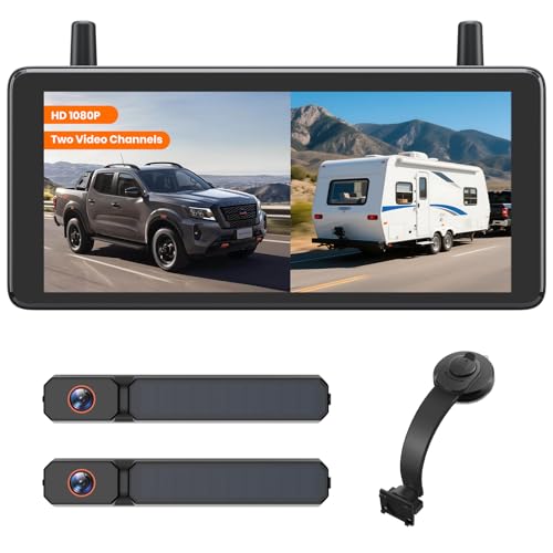 Image of AUTO.VOX 7.2 inch Solar Wireless Dual Backup Cameras with Suction Cup Mount, 1080P DVR Split Screen, Adjustable Windshield Mount, Front and Rear View, IP69K Waterproof for Truck RV Trailer SUV