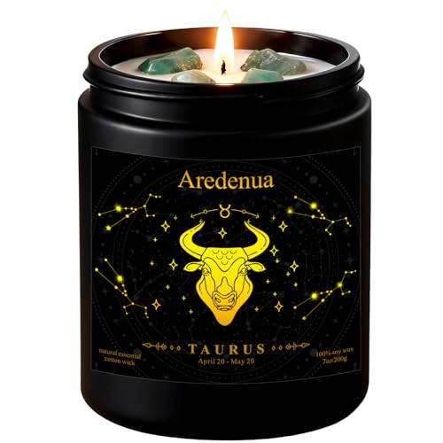 Image of Taurus Zodiac Candles with Aventurine Crystals, Balsamic Cedar Scent | Astrology Taurus Birthday Gifts for Women Men, Black Gift Box, 7 oz Soy Candle, 50 Hour Burn Time, Black Jar