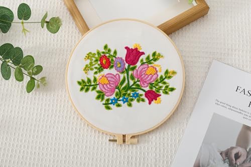 Image of Looples Embroidery Kit for Beginners and Adults with Video Tutorials - DIY Starter Kit with 3 Stamped Floral Patterns, Hoops, Threads, Needles, and Instructions (Floral)