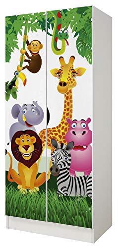 leomark armadio bianco 70 x 42,5 x 161,5 cm alla stanza del bambino, capiente e funzionale armadio in legno con ante, solido appendiabiti, mobili per bambini, Animali