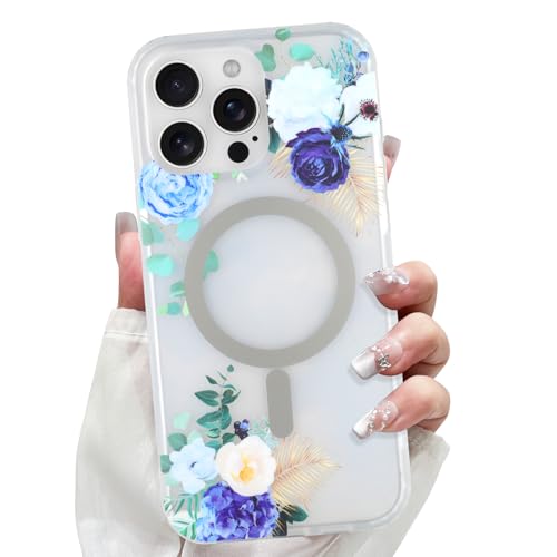 Coque iPhone 15 Pro magnétique antichoc fleurie bleue pour femme et fille
