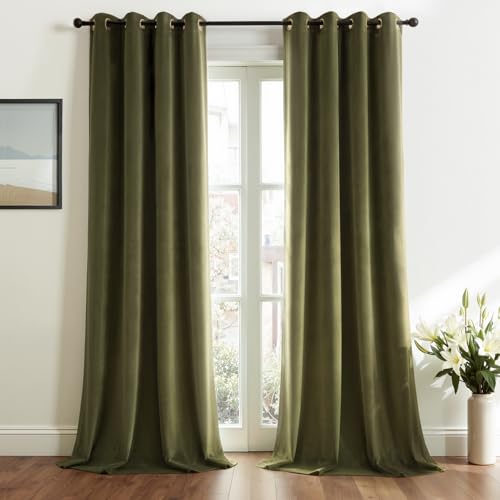 Topfinel Olive Green Velvet Blackout Curtains 84 Inches Long Soundproof Room Darkening Dark Green Thermal Insulated Boho Elegant Moody Grommet Curtains for Living Room Bedroom 2 Panels