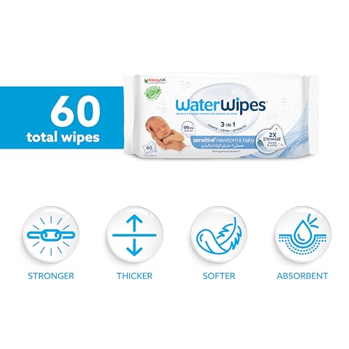 Image of WaterWipes Baby Wipes (Imported-Ireland) 1 pack (60 wipes), Plastic-Free Original World's purest Unscented, Made in Ireland, 99.9% Water Based Wipes, Unscented for Sensitive Skin, Certified by Allergy UK, National Eczema association, and Vegan Society