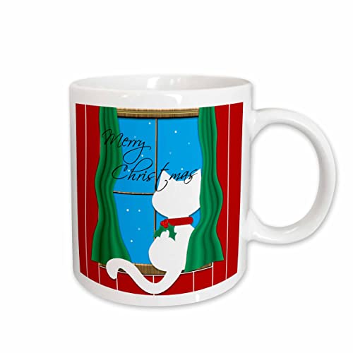 3dRose Merry Christmas - Cute White Cat in Snowy Window 11oz Mug